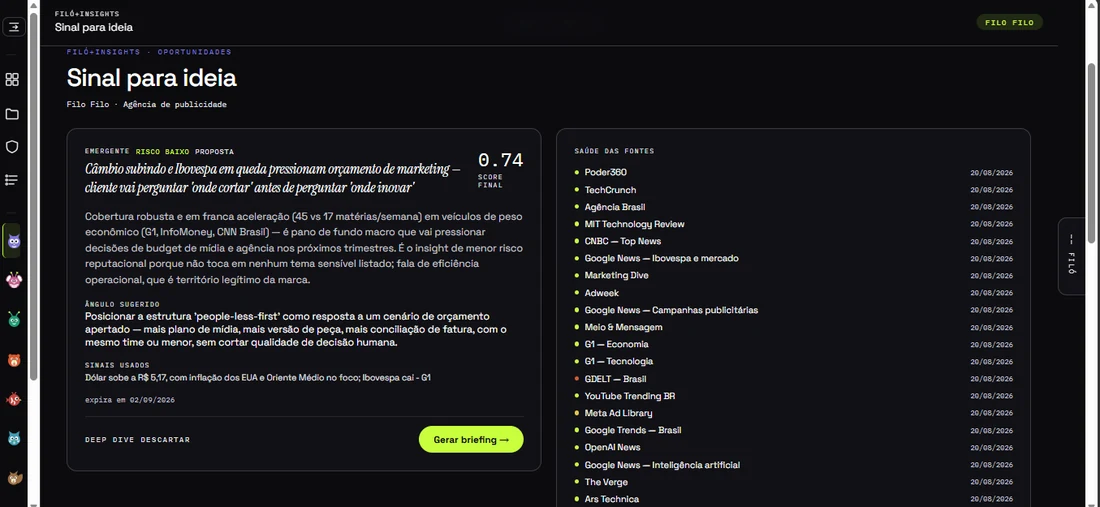 Tela do filó+insights no FiloOS — Lê o que está subindo no mercado.